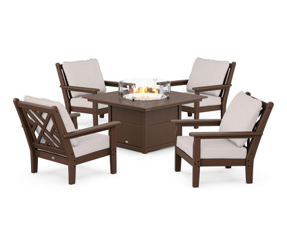 POLYWOOD® Chippendale 5-Piece Deep Seating Set with Fire Pit Table in Mahogany / Dune Burlap