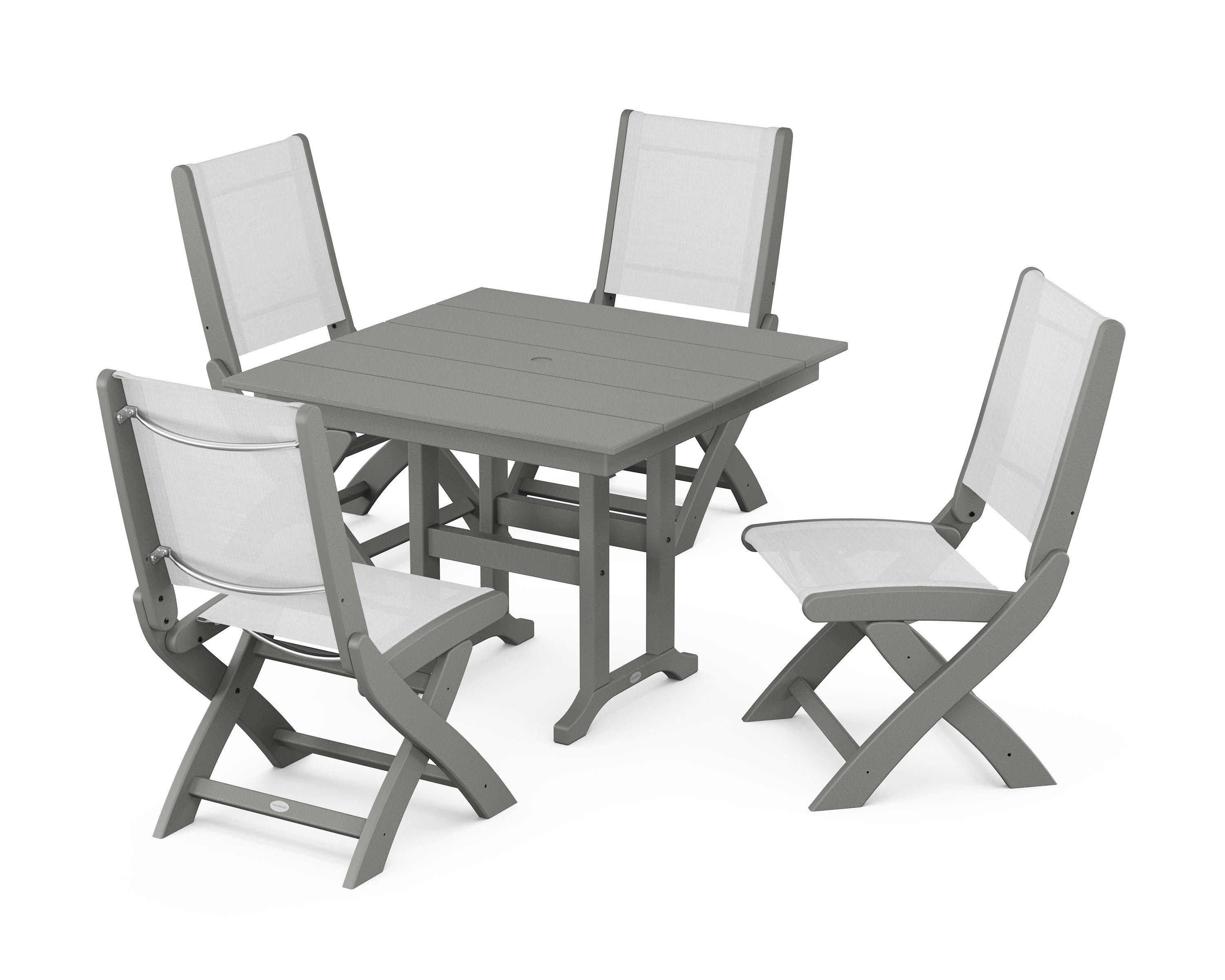 POLYWOOD® Coastal Folding Side Chair 5-Piece Farmhouse Dining Set in Slate Grey / White Sling