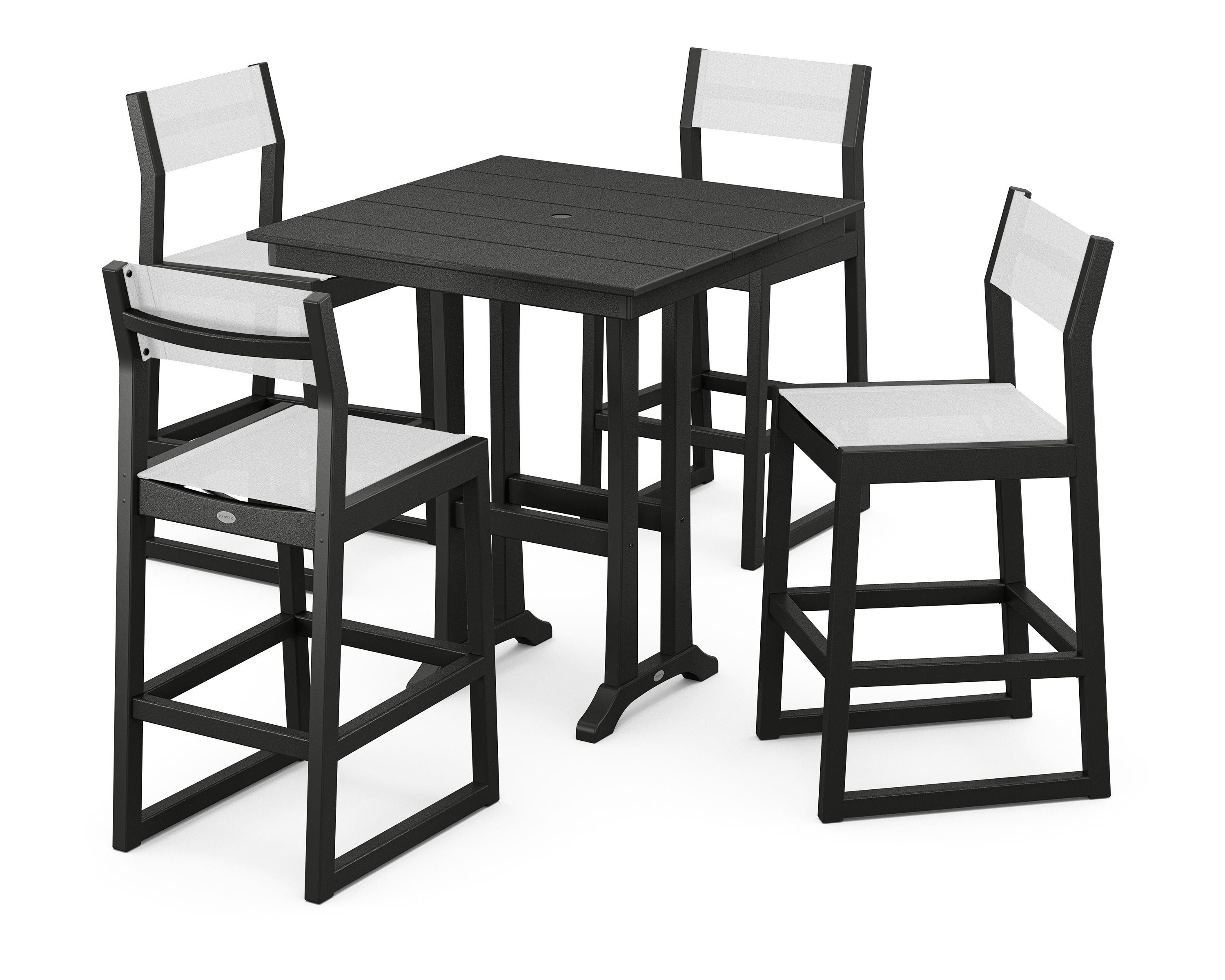 POLYWOOD® EDGE Sling Arm Chair 5-Piece Farmhouse Bar Set with Trestle Legs in Black / White Sling