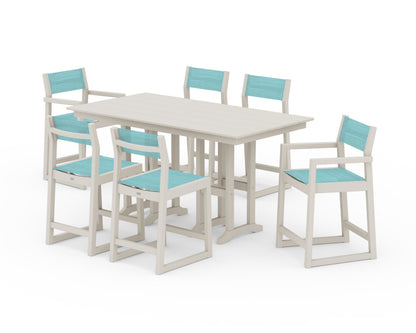 POLYWOOD® EDGE Sling 7-Piece Farmhouse Counter Set with Trestle Legs in Sand / Dupioni Aquamarine Sling