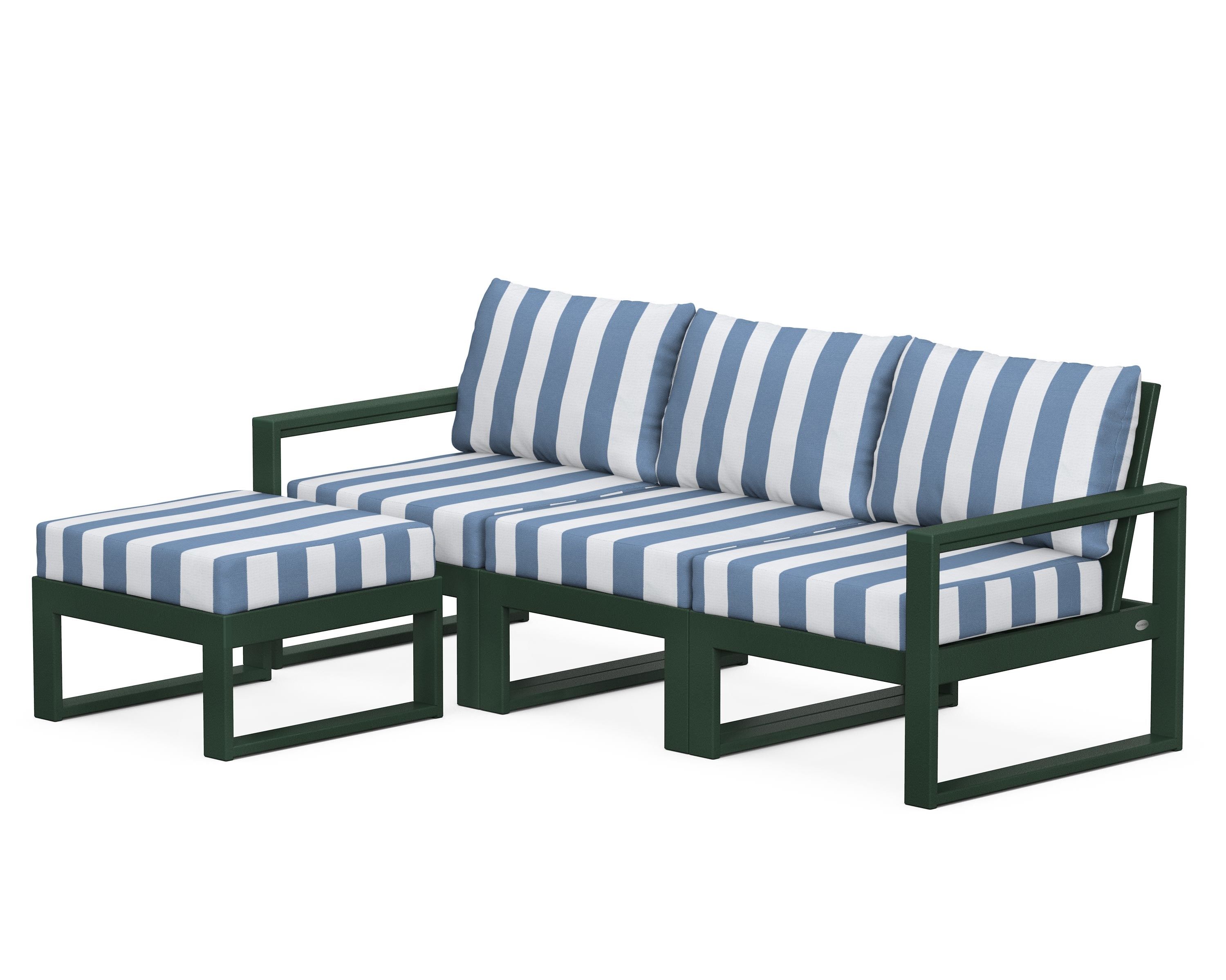 POLYWOOD® EDGE 4-Piece Modular Deep Seating Set with Ottoman in Green / Cabana Stripe Sky Blue