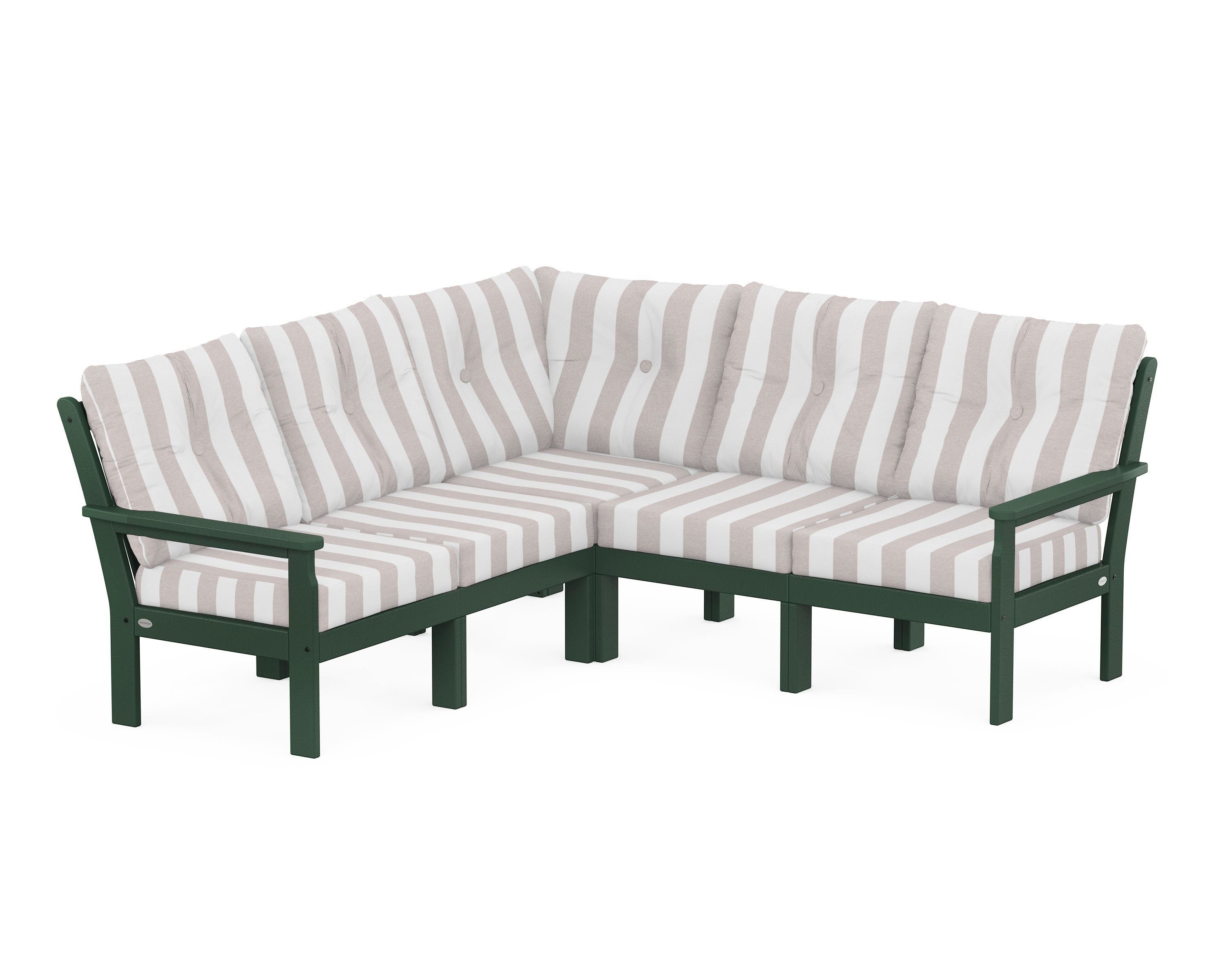 POLYWOOD® Vineyard 5-Piece Sectional in Green / Cabana Stripe Dune Burlap