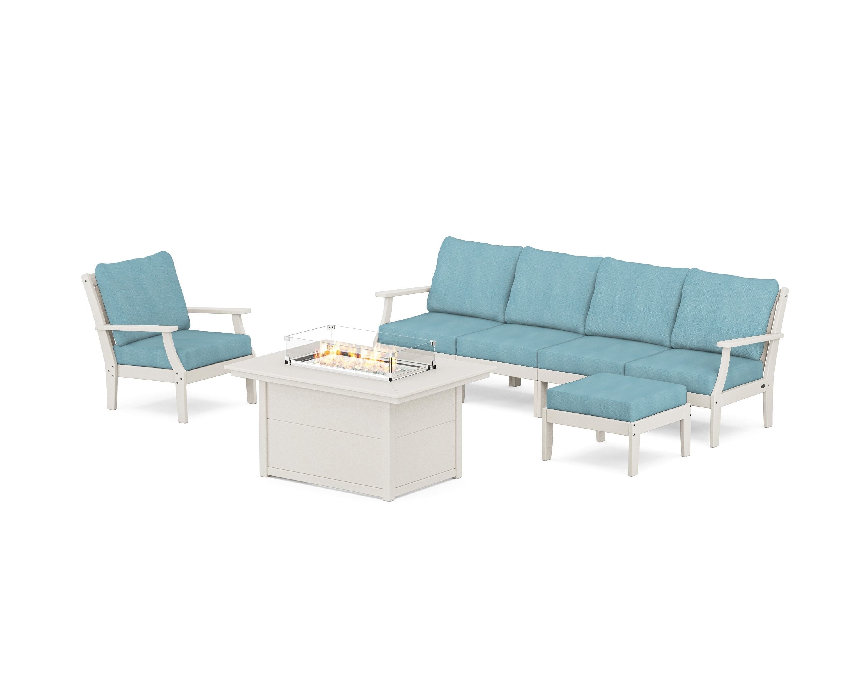 POLYWOOD® Braxton Sectional Lounge and Fire Pit Set in Sand / Lattice Sky Blue