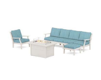 POLYWOOD® Braxton Sectional Lounge and Fire Pit Set in Sand / Lattice Sky Blue