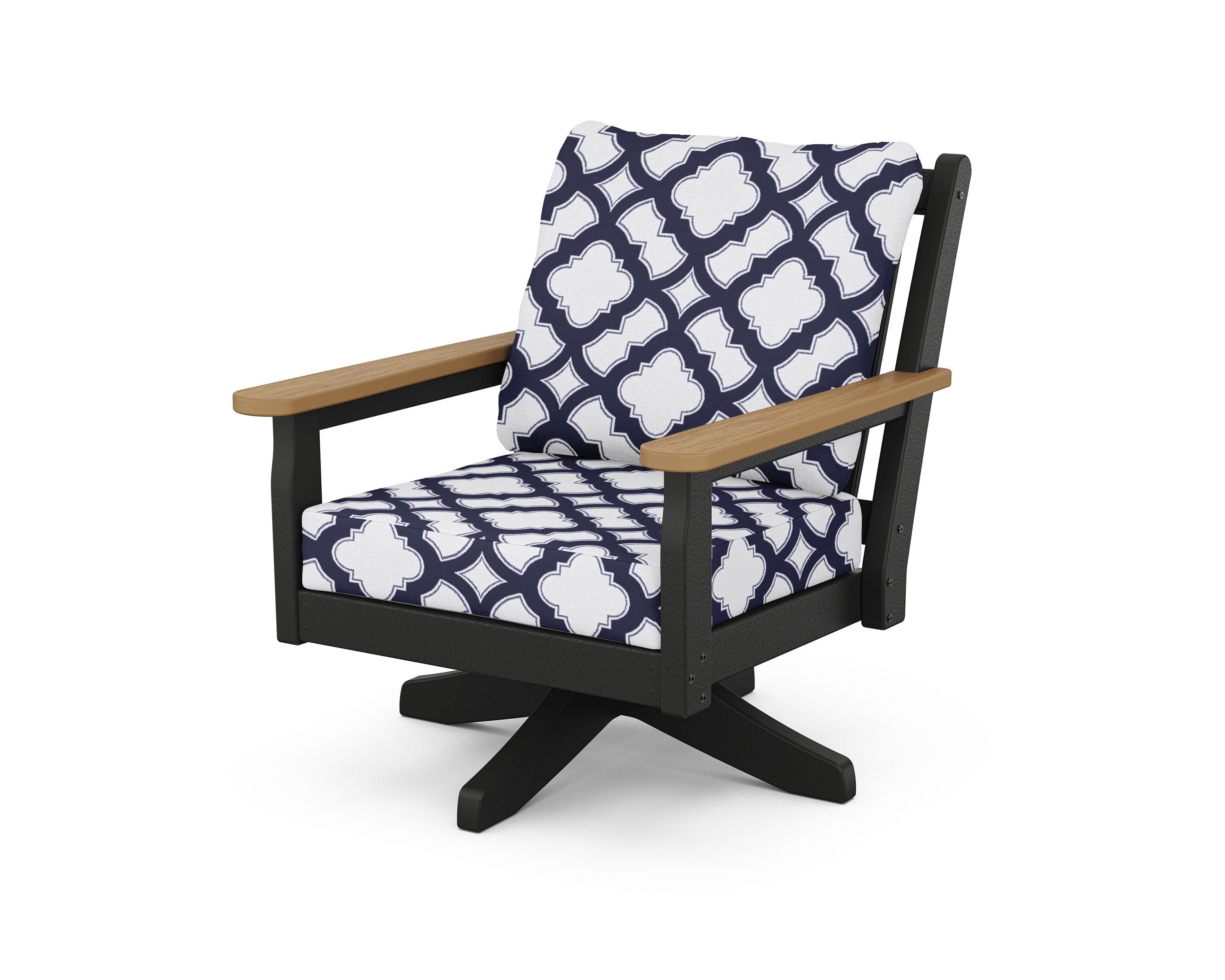 POLYWOOD® Chippendale Deep Seating Swivel Chair in Black / Natural / Trellis Navy