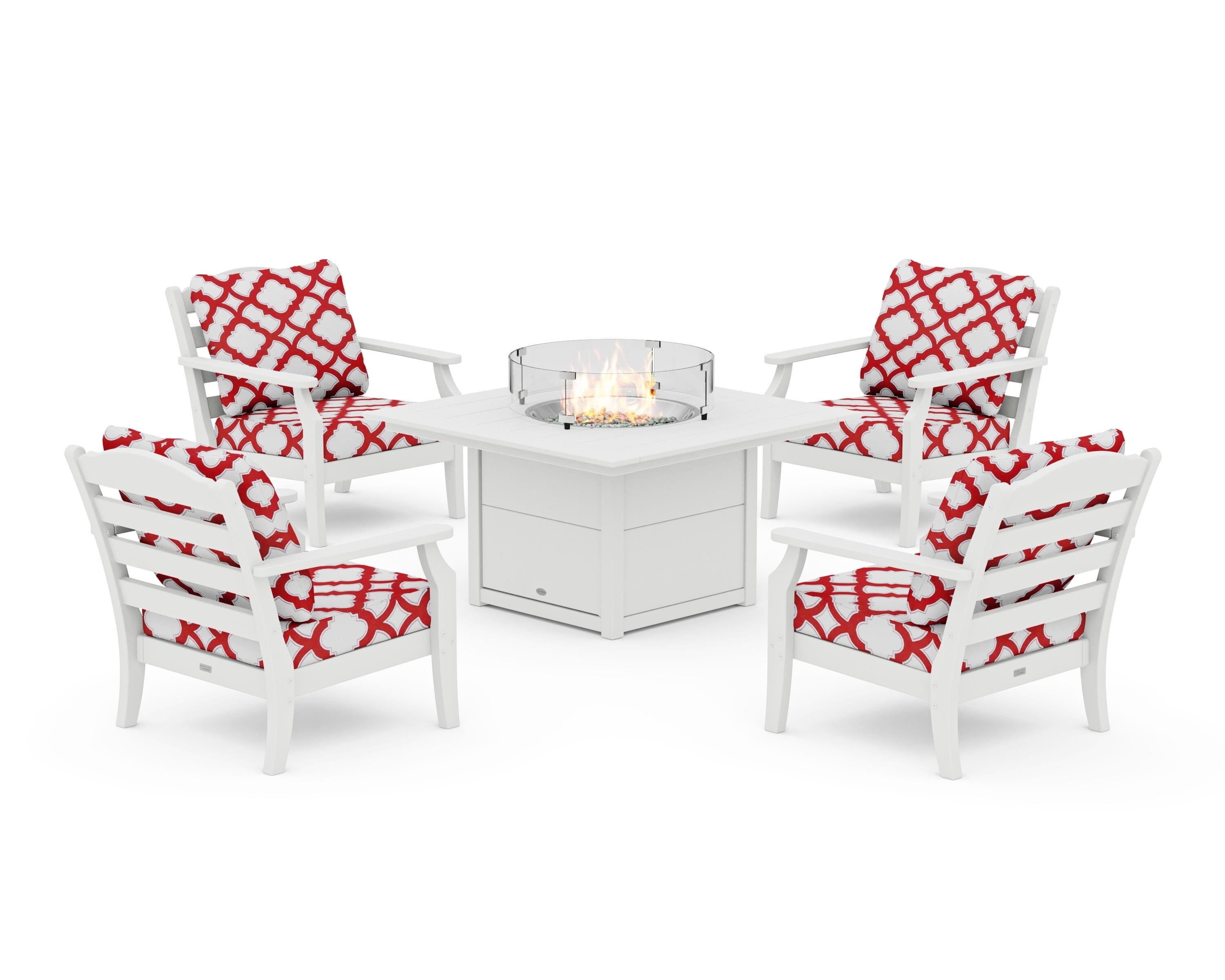 Draper James™ by  POLYWOOD® Savannah 5-Piece Deep Seating Set with Fire Pit Table in White / Trellis Crimson