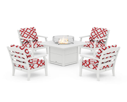 Draper James™ by  POLYWOOD® Savannah 5-Piece Deep Seating Set with Fire Pit Table in White / Trellis Crimson