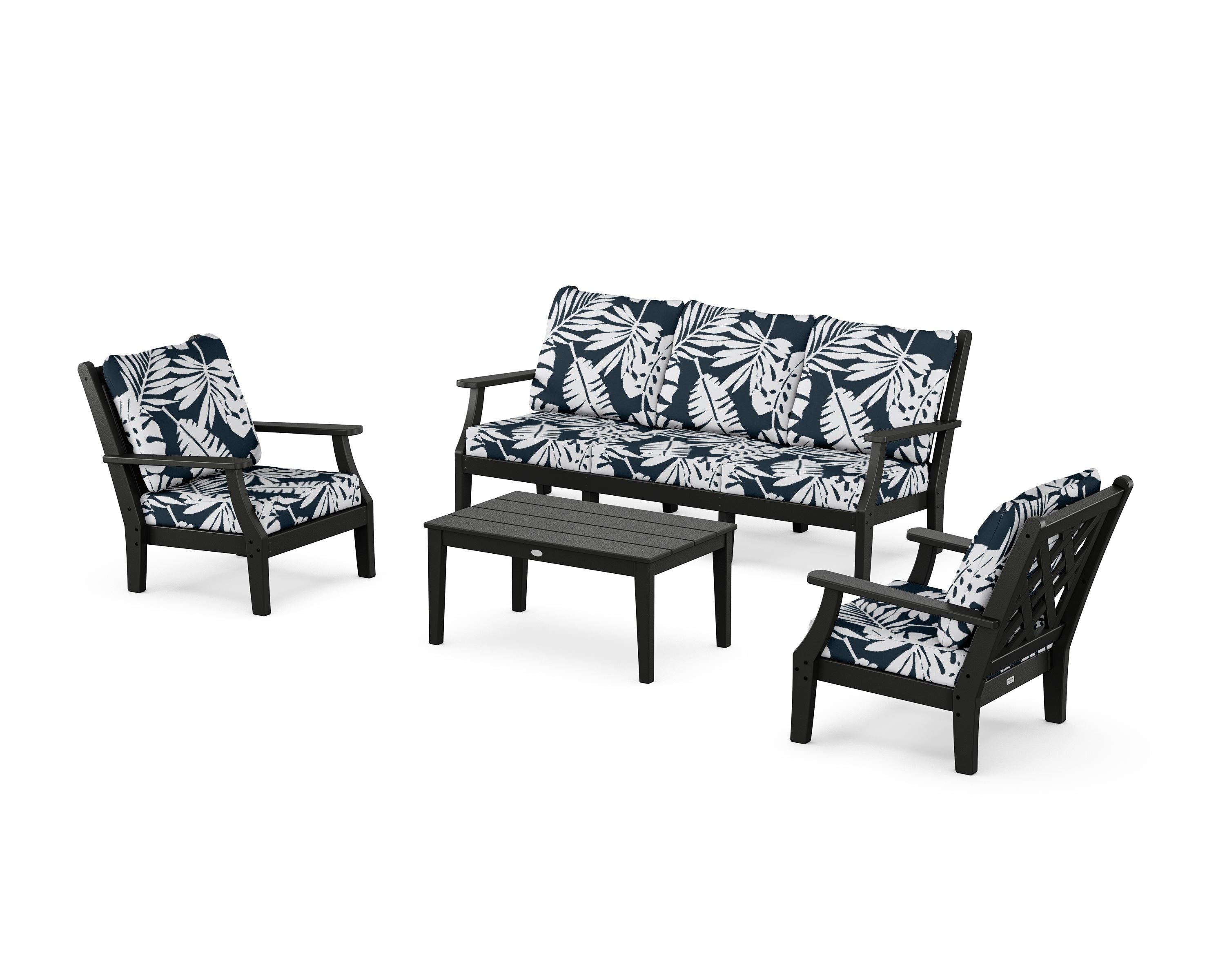 Country Living Wovendale 4-Piece Deep Seating Set with Sofa in Black / Leaf Marine Indigo
