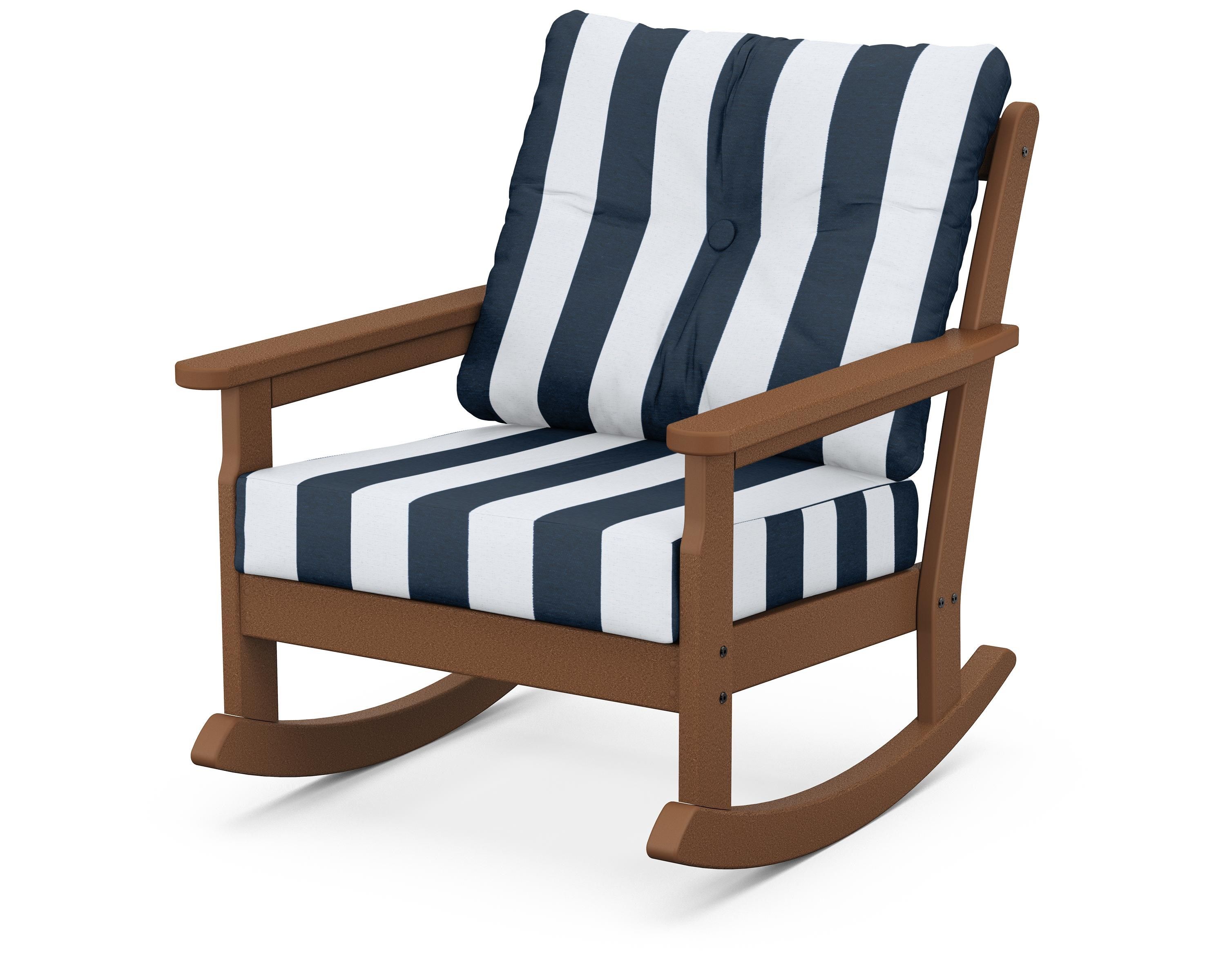 POLYWOOD® Vineyard Deep Seating Rocking Chair in Teak / Cabana Stripe Marine Indigo