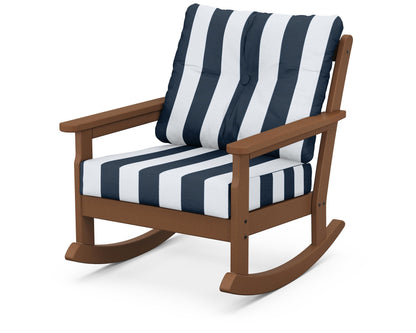 POLYWOOD® Vineyard Deep Seating Rocking Chair in Teak / Cabana Stripe Marine Indigo