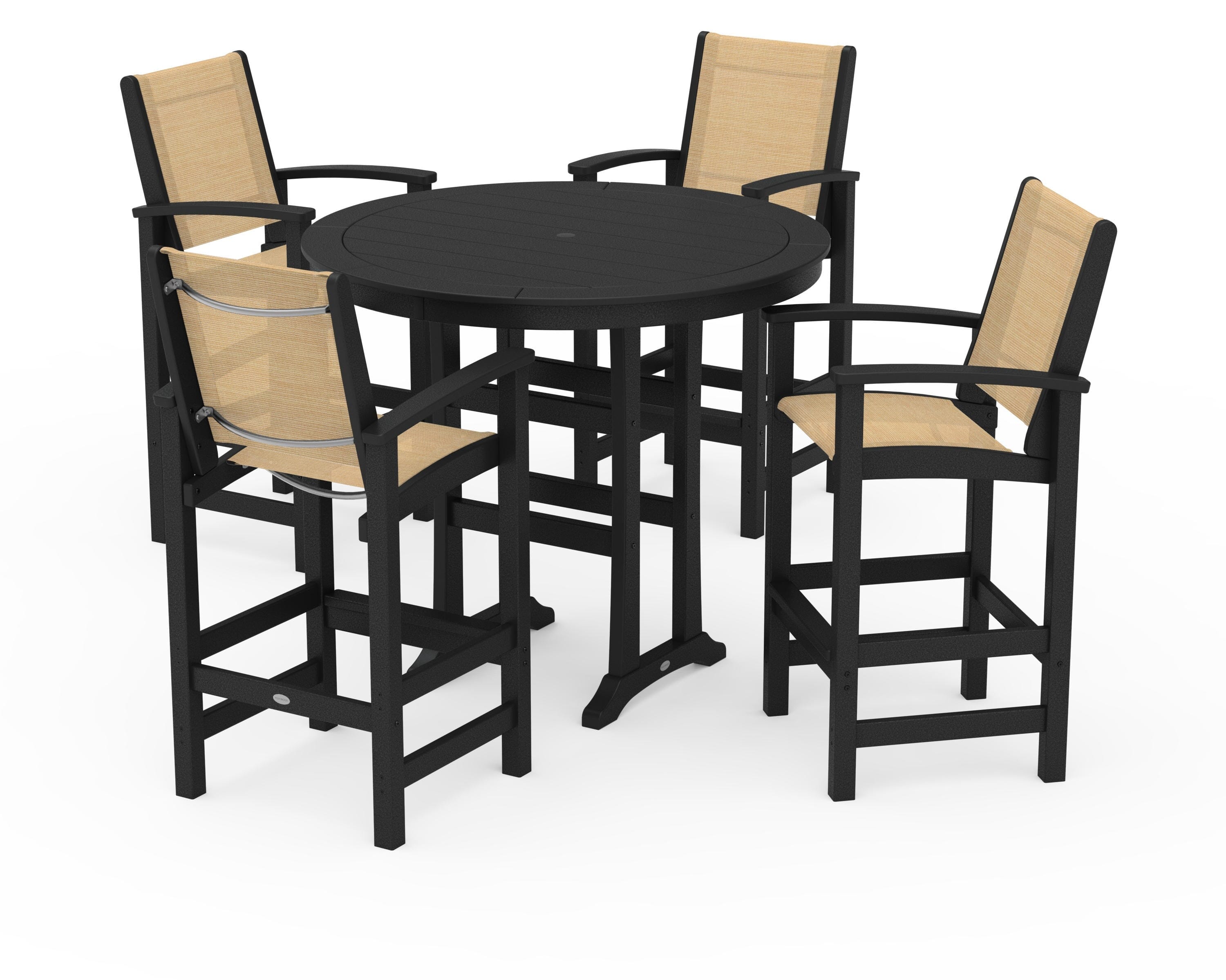 POLYWOOD® Coastal 5-Piece Nautical Trestle Bar Set in Black / Dupioni Apricot Sling