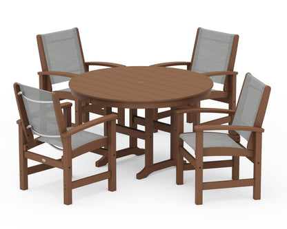POLYWOOD® Coastal 5-Piece Round Farmhouse Dining Set in Teak / Metallic Sling