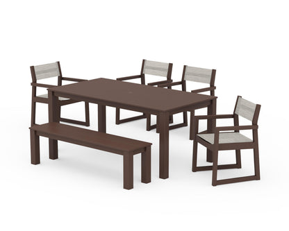 POLYWOOD® EDGE Sling Arm Chair 6-Piece Parsons Dining Set with Bench in Mahogany / Birch Sling