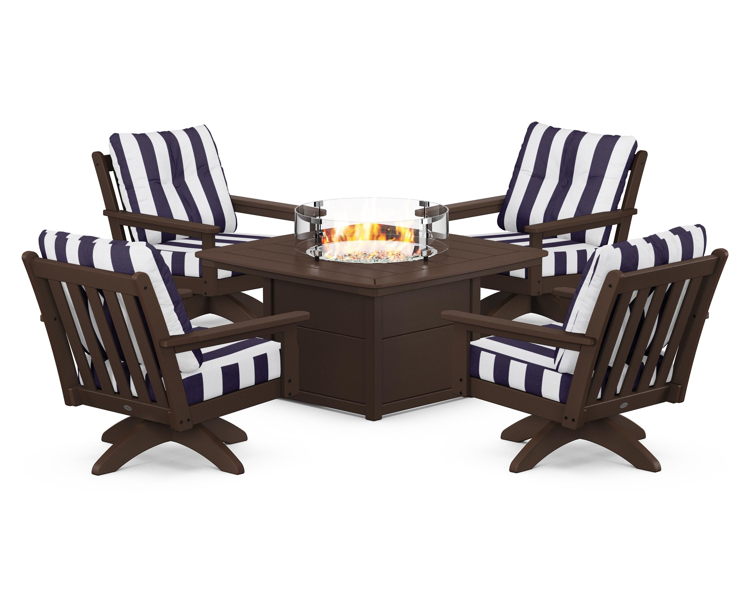 POLYWOOD® Vineyard 5-Piece Deep Seating Swivel Conversation Set with Fire Pit Table in Mahogany / Cabana Stripe Navy