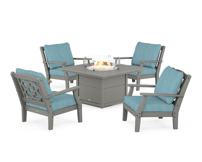 Martha Stewart by POLYWOOD® Chinoiserie 5-Piece Deep Seating Set with Fire Pit Table in Slate Grey / Lattice Sky Blue