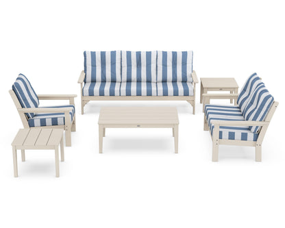 POLYWOOD® Vineyard 6-Piece Deep Seating Set in Sand / Cabana Stripe Sky Blue