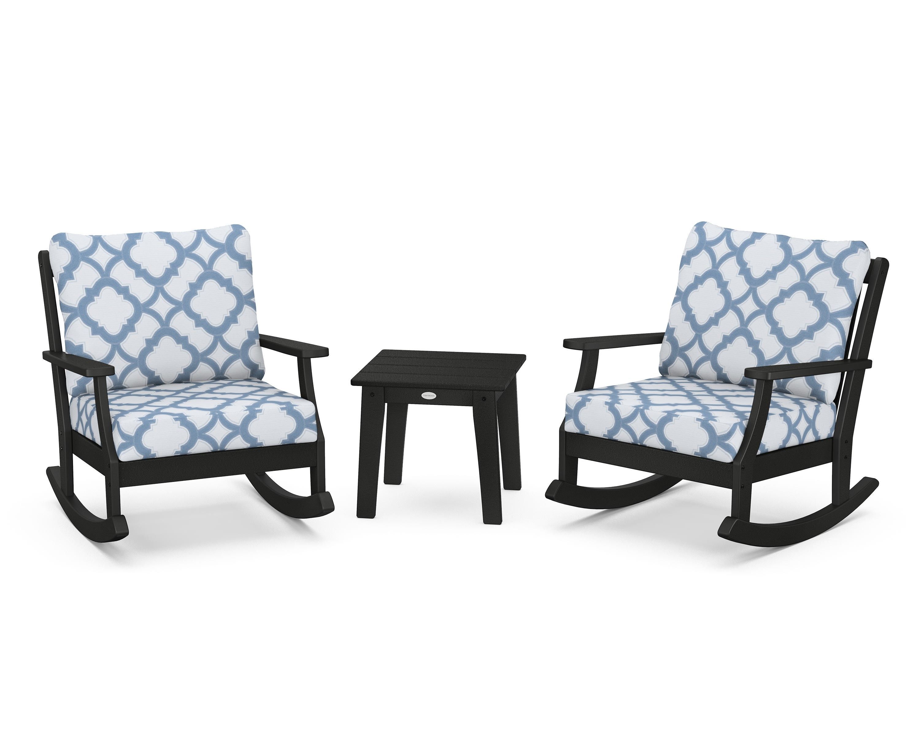 POLYWOOD® Braxton 3-Piece Deep Seating Rocker Set in Black / Trellis Sky Blue
