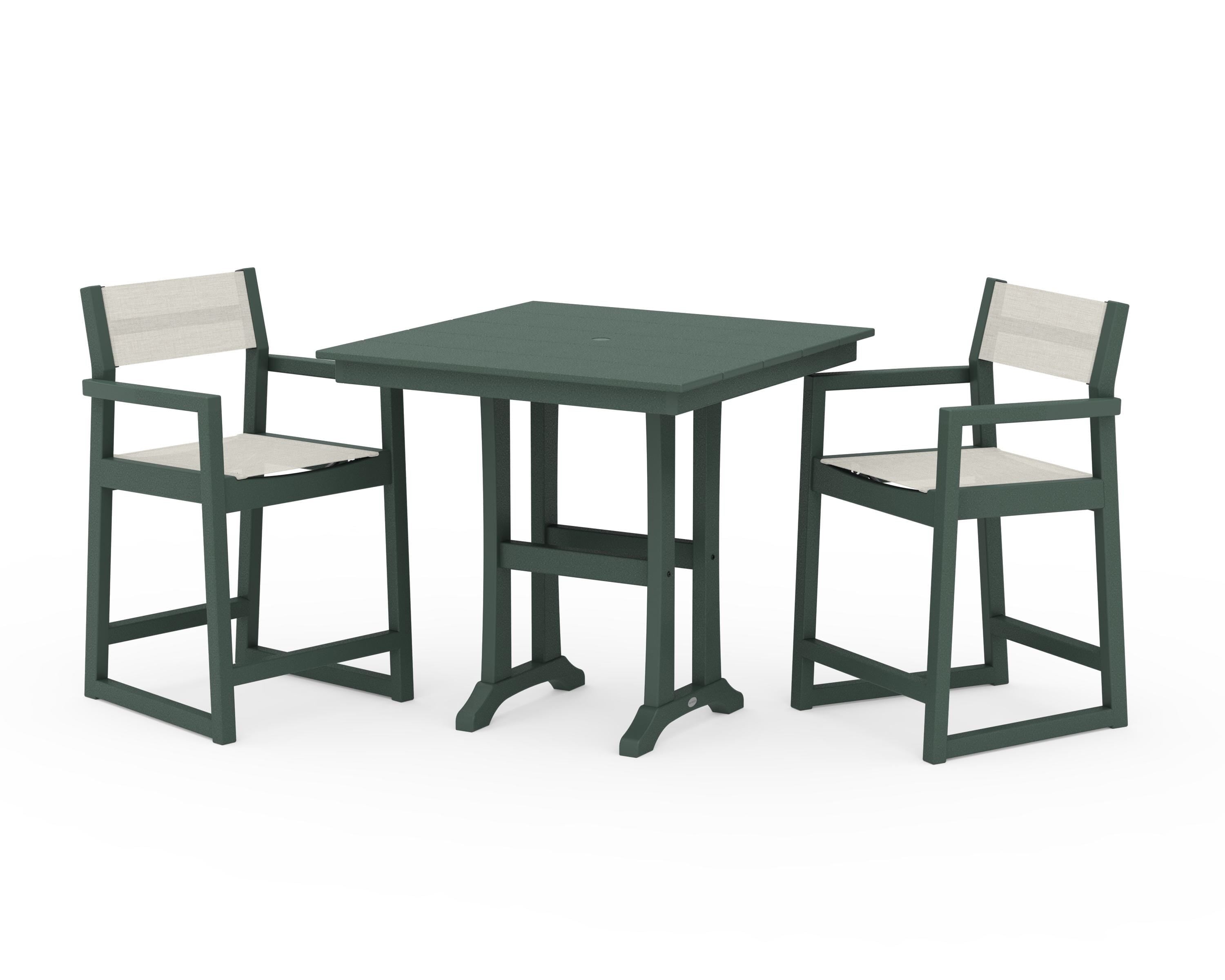 POLYWOOD® EDGE Sling Arm Chair 3-Piece Farmhouse Counter Set with Trestle Legs in Green / Parchment Sling