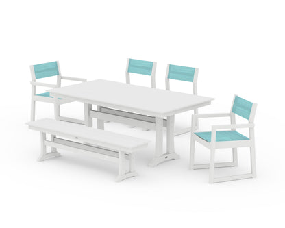 POLYWOOD® EDGE Sling 6-Piece Farmhouse Dining Set With Trestle Legs in White / Dupioni Aquamarine Sling