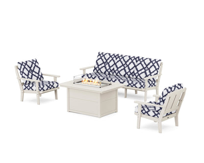 POLYWOOD® Mission Deep Seating Fire Pit Table Set in Sand / Trellis Navy