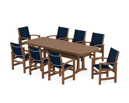 POLYWOOD® Coastal 9-Piece Dining Set with Trestle Legs in Teak / Navy Blue Sling