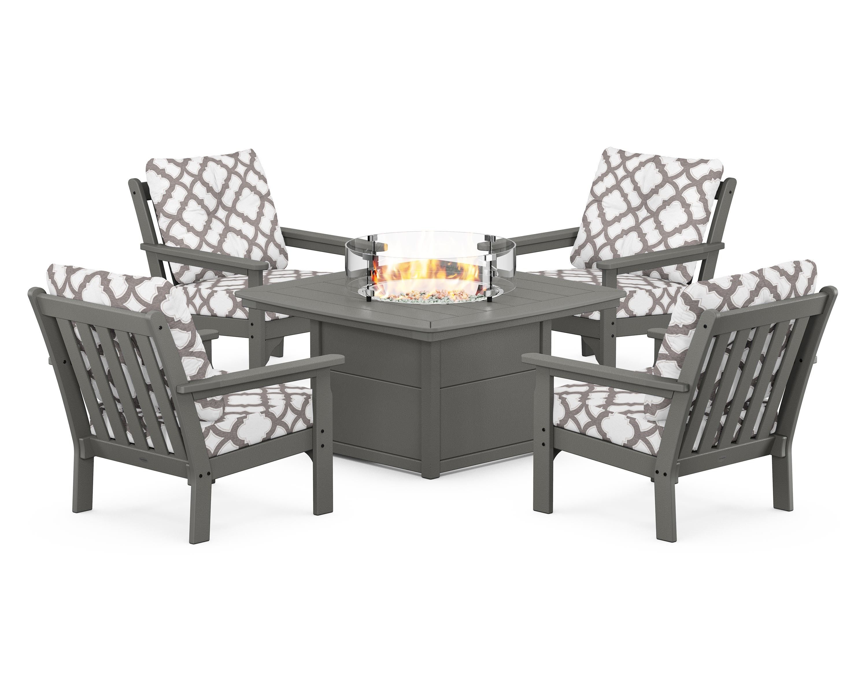 POLYWOOD® Vineyard 5-Piece Conversation Set with Fire Pit Table in Slate Grey / Trellis Grey Mist