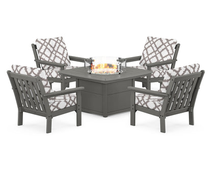POLYWOOD® Vineyard 5-Piece Conversation Set with Fire Pit Table in Slate Grey / Trellis Grey Mist
