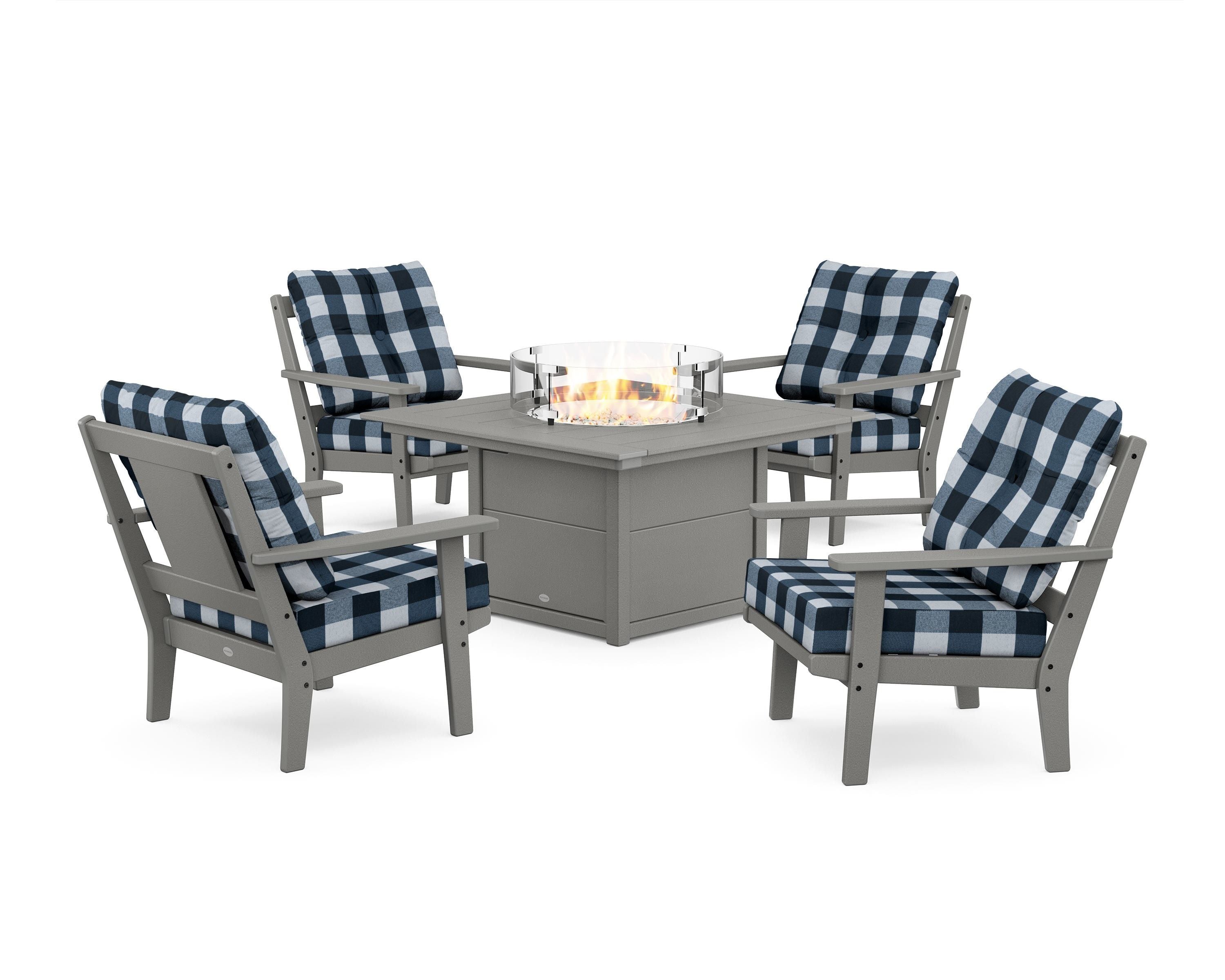 POLYWOOD® Prairie 5-Piece Deep Seating Set with Fire Pit Table in Slate Grey / Buffalo Plaid Marine Indigo