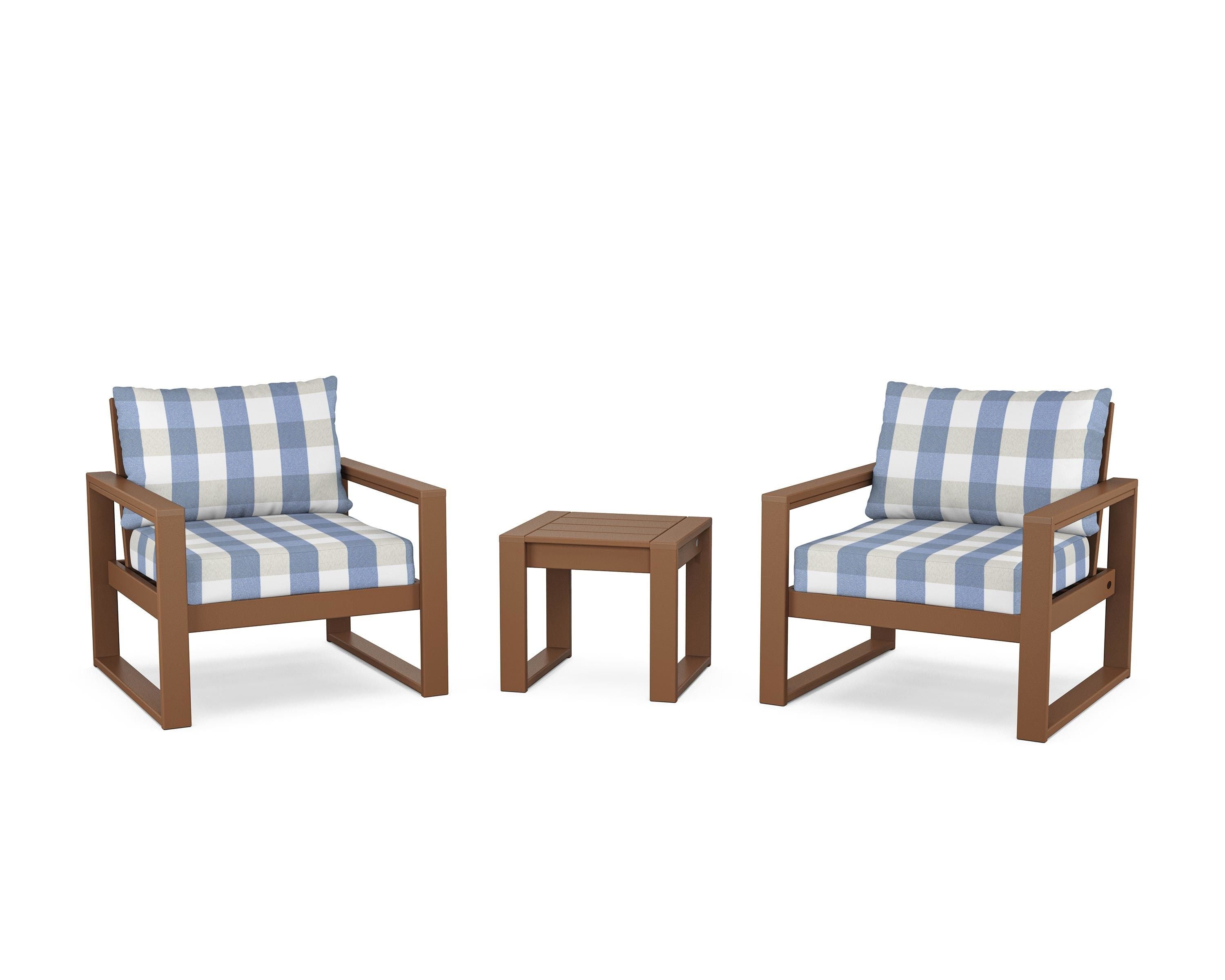 POLYWOOD® EDGE Sectional 3-Piece Deep Seating Set in Teak / Buffalo Plaid Sky Blue