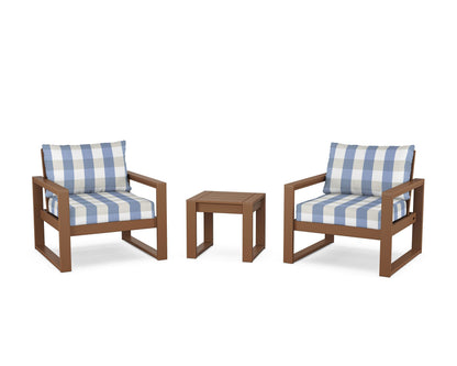 POLYWOOD® EDGE Sectional 3-Piece Deep Seating Set in Teak / Buffalo Plaid Sky Blue
