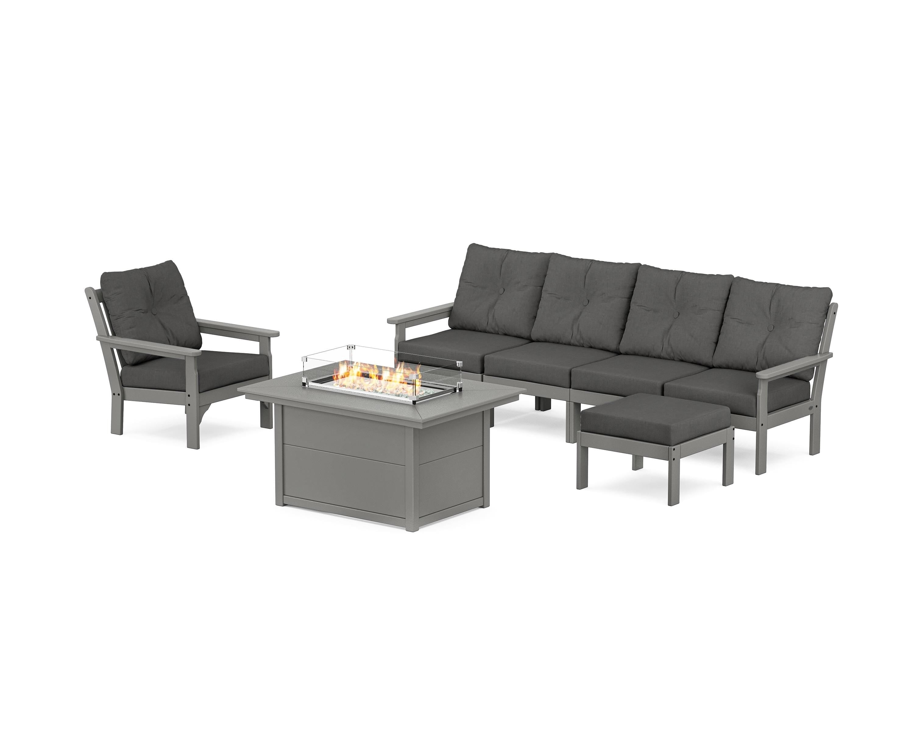POLYWOOD® Vineyard Sectional Lounge and Fire Pit Set in Slate Grey / Spectrum Carbon