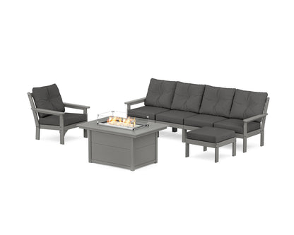 POLYWOOD® Vineyard Sectional Lounge and Fire Pit Set in Slate Grey / Spectrum Carbon