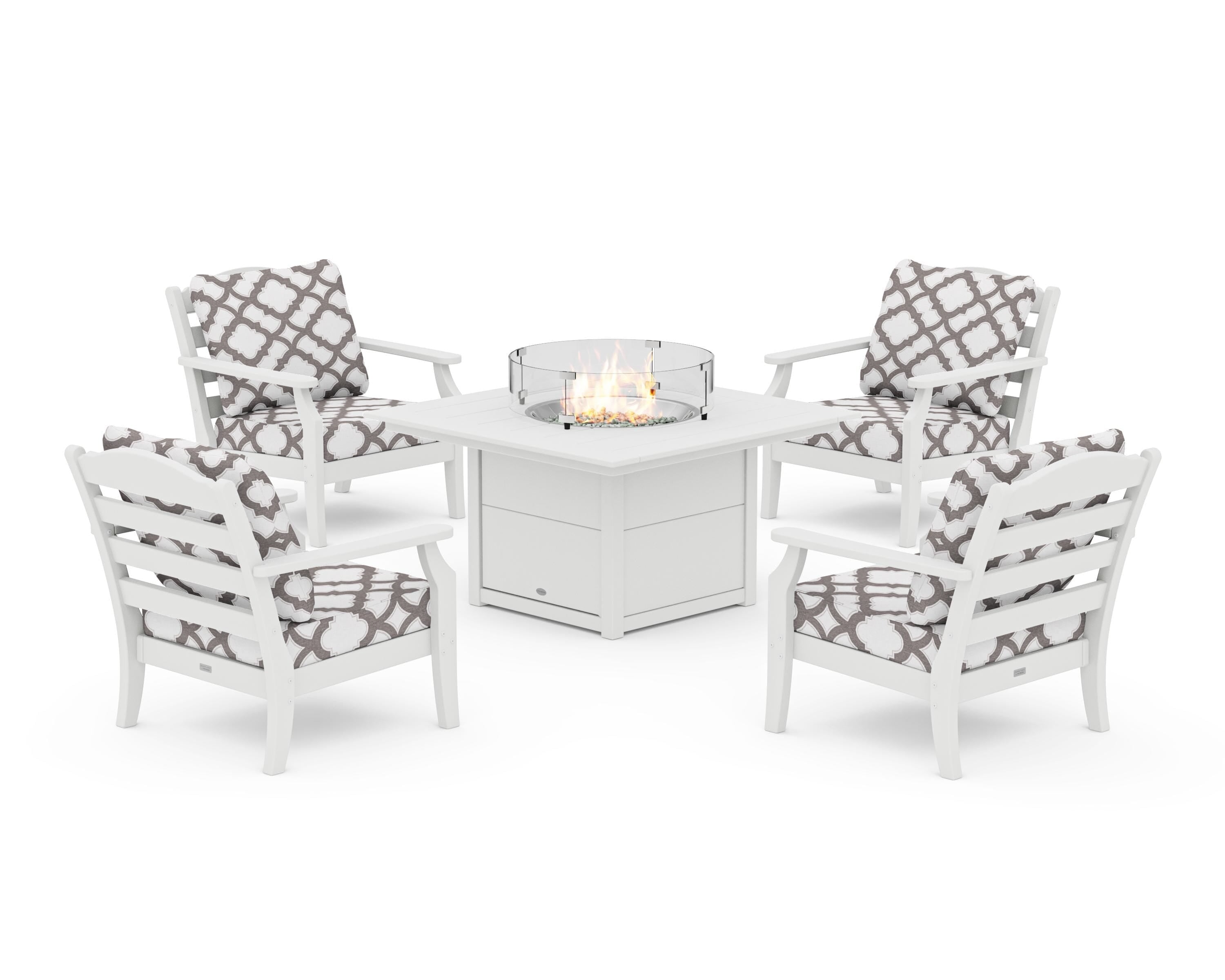 Draper James™ by  POLYWOOD® Savannah 5-Piece Deep Seating Set with Fire Pit Table in White / Trellis Grey Mist