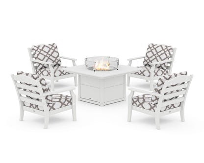 Draper James™ by  POLYWOOD® Savannah 5-Piece Deep Seating Set with Fire Pit Table in White / Trellis Grey Mist