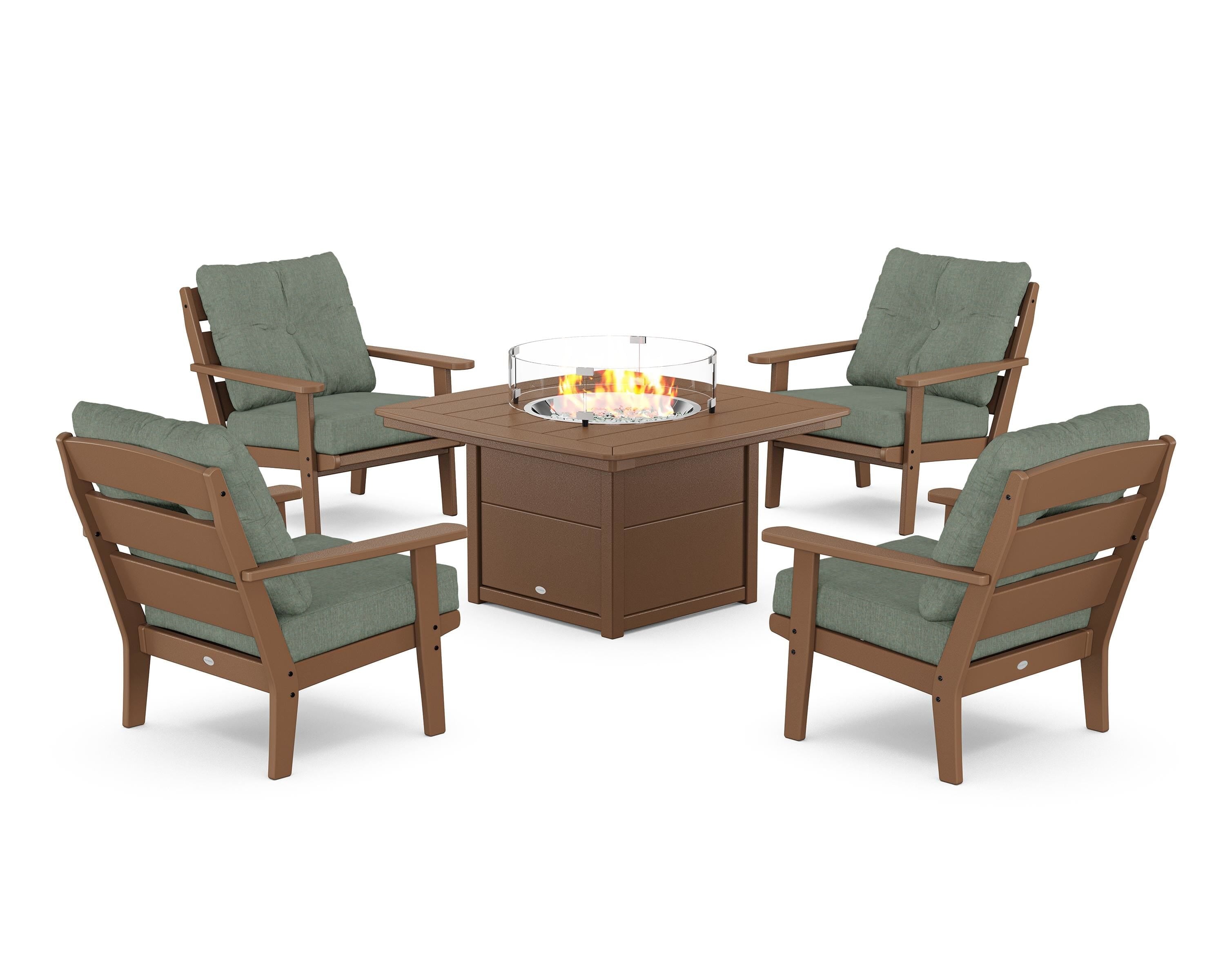 POLYWOOD® Lakeside 5-Piece Deep Seating Set with Nautical Fire Pit Table in Teak / Cast Sage