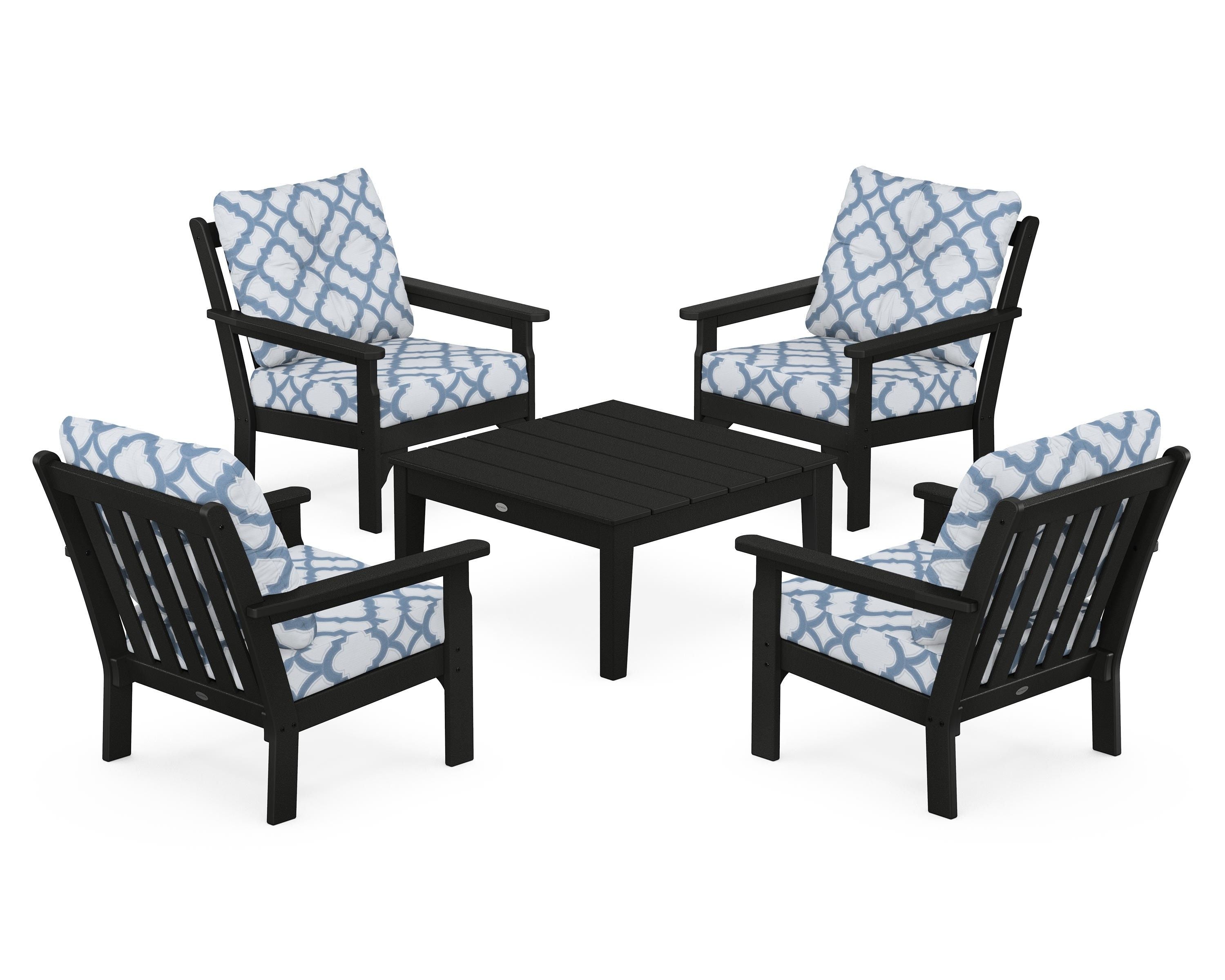 POLYWOOD® Vineyard 5-Piece Deep Seating Conversation Set in Black / Trellis Sky Blue