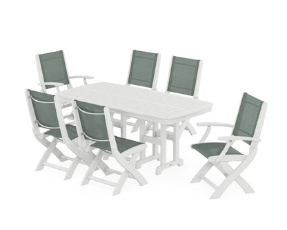 POLYWOOD® Coastal Folding Chair 7-Piece Dining Set in White / Dupioni Sea Mist Sling