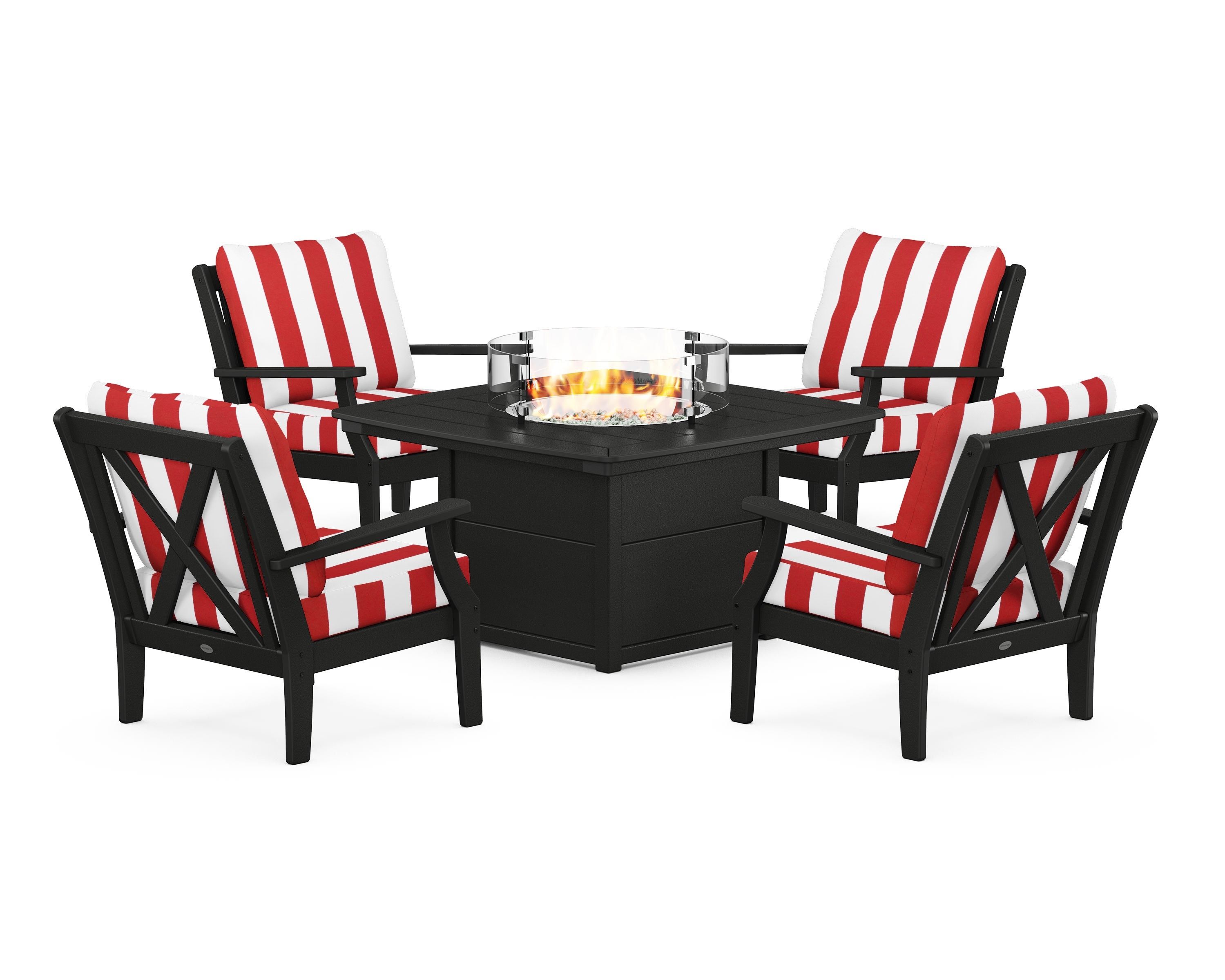 POLYWOOD® Braxton 5-Piece Deep Seating Conversation Set with Fire Pit Table in Black / Cabana Stripe Crimson