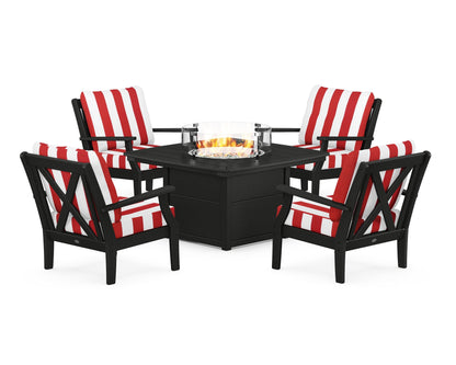 POLYWOOD® Braxton 5-Piece Deep Seating Conversation Set with Fire Pit Table in Black / Cabana Stripe Crimson