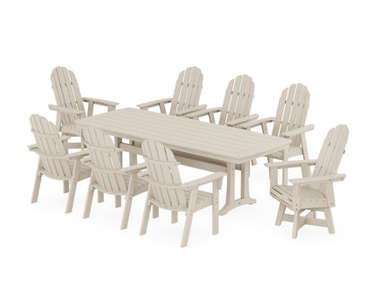 POLYWOOD® Vineyard Curveback Adirondack Swivel 9-Piece Dining Set with Trestle Legs in Sand
