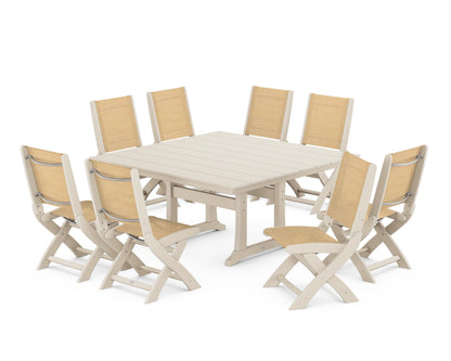 POLYWOOD® Coastal Folding Side Chair 9-Piece Farmhouse Dining Set in Sand / Dupioni Apricot Sling