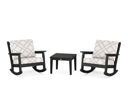 POLYWOOD® Chippendale 3-Piece Deep Seating Rocker Set in Black / Trellis Dune Burlap
