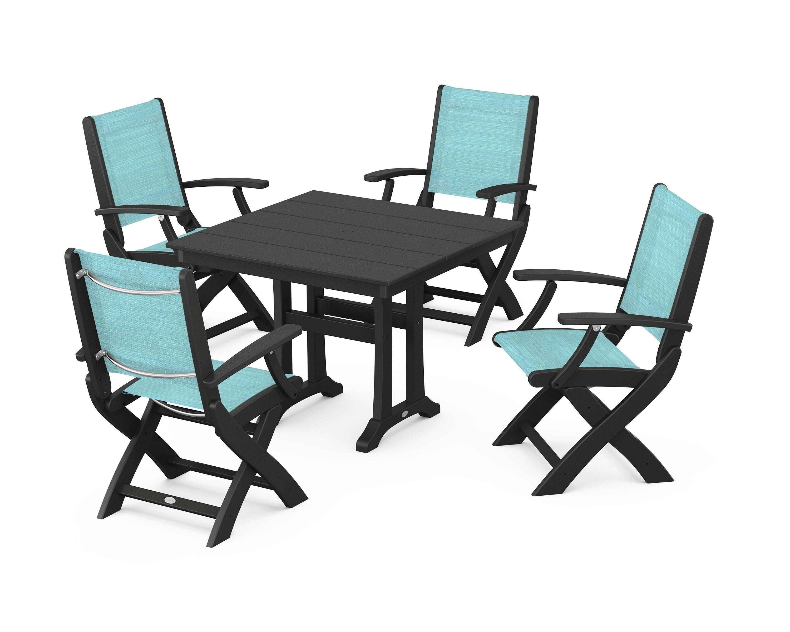 POLYWOOD® Coastal Folding Chair 5-Piece Farmhouse Dining Set With Trestle Legs in Black / Dupioni Aquamarine Sling