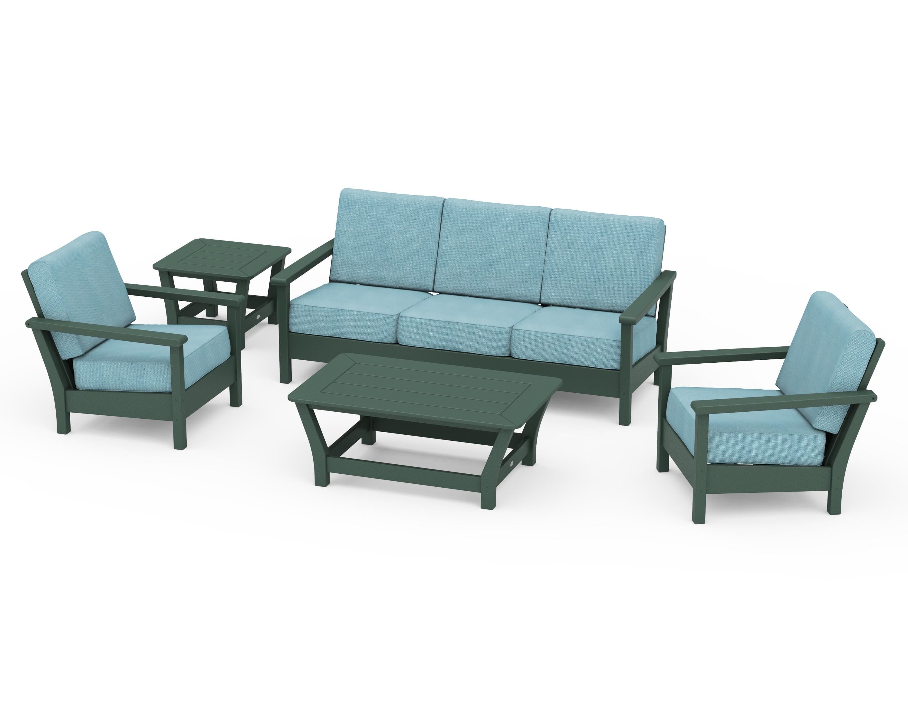 POLYWOOD® Harbour 5-Piece Deep Seating Set in Green / Lattice Sky Blue