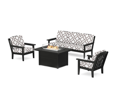 Country Living Cottage Deep Seating Fire Pit Table Set in Black / Trellis Grey Mist