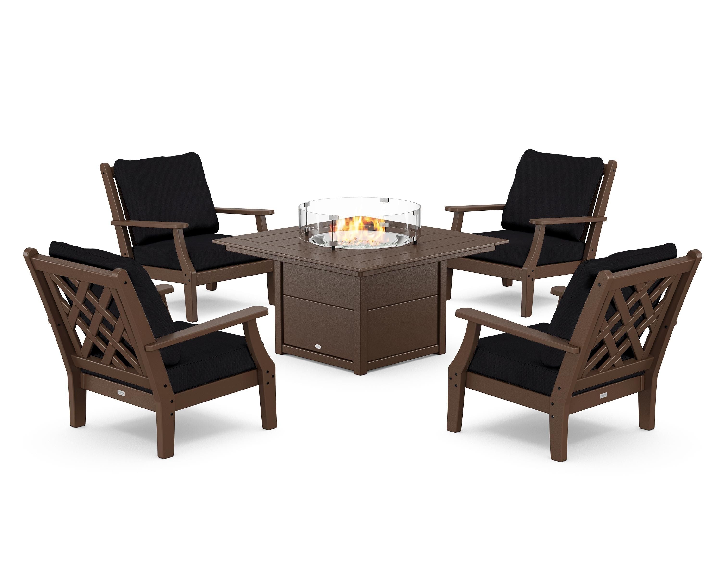 Country Living Wovendale 5-Piece Deep Seating Set with Fire Pit Table in Mahogany / Midnight Linen