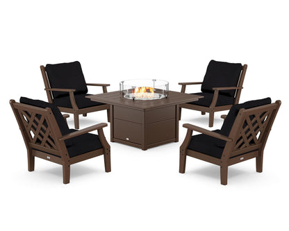 Country Living Wovendale 5-Piece Deep Seating Set with Fire Pit Table in Mahogany / Midnight Linen