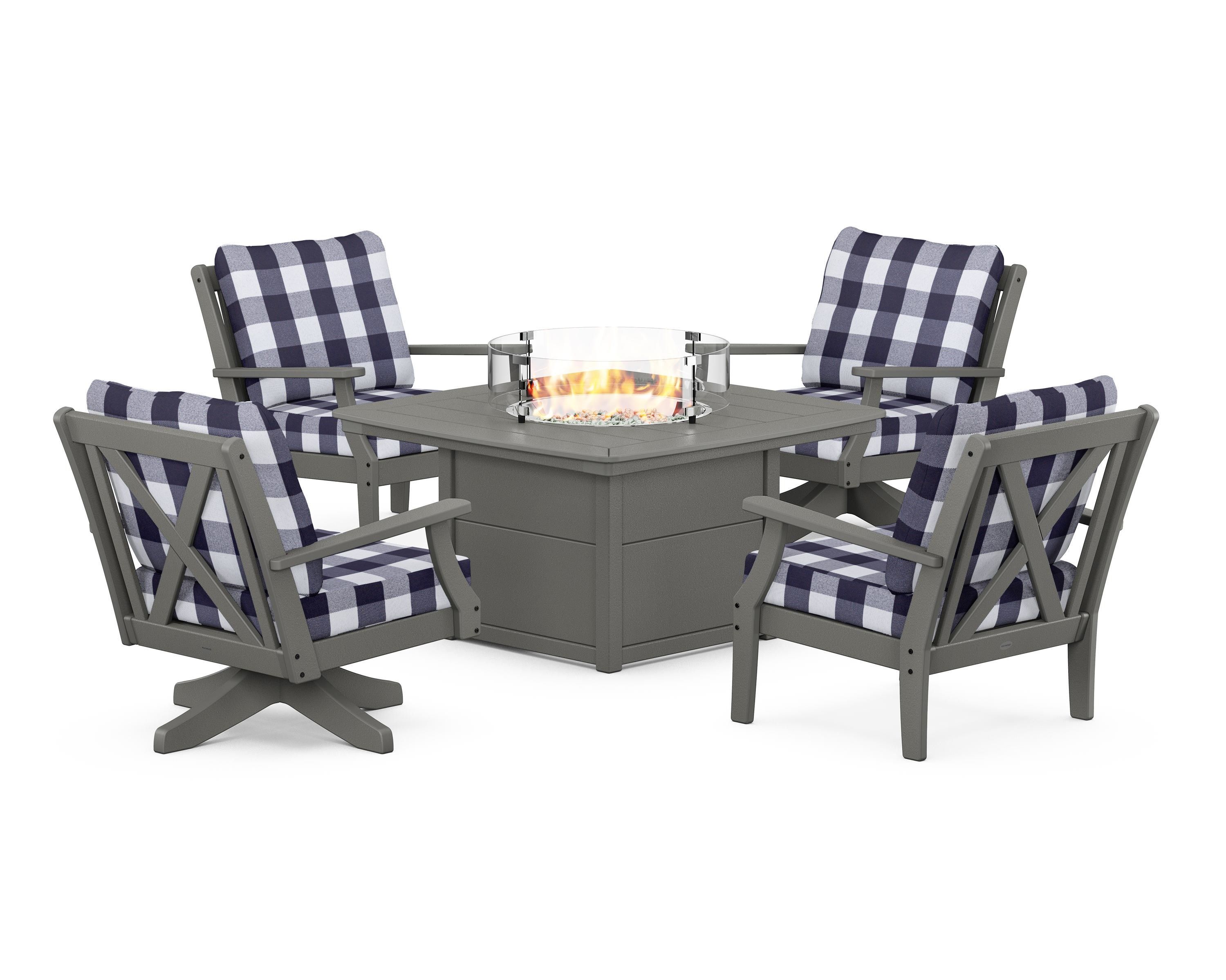 POLYWOOD® Braxton 5-Piece Deep Seating Set with Fire Table in Slate Grey / Buffalo Plaid Navy