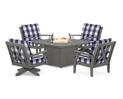 POLYWOOD® Braxton 5-Piece Deep Seating Set with Fire Table in Slate Grey / Buffalo Plaid Navy