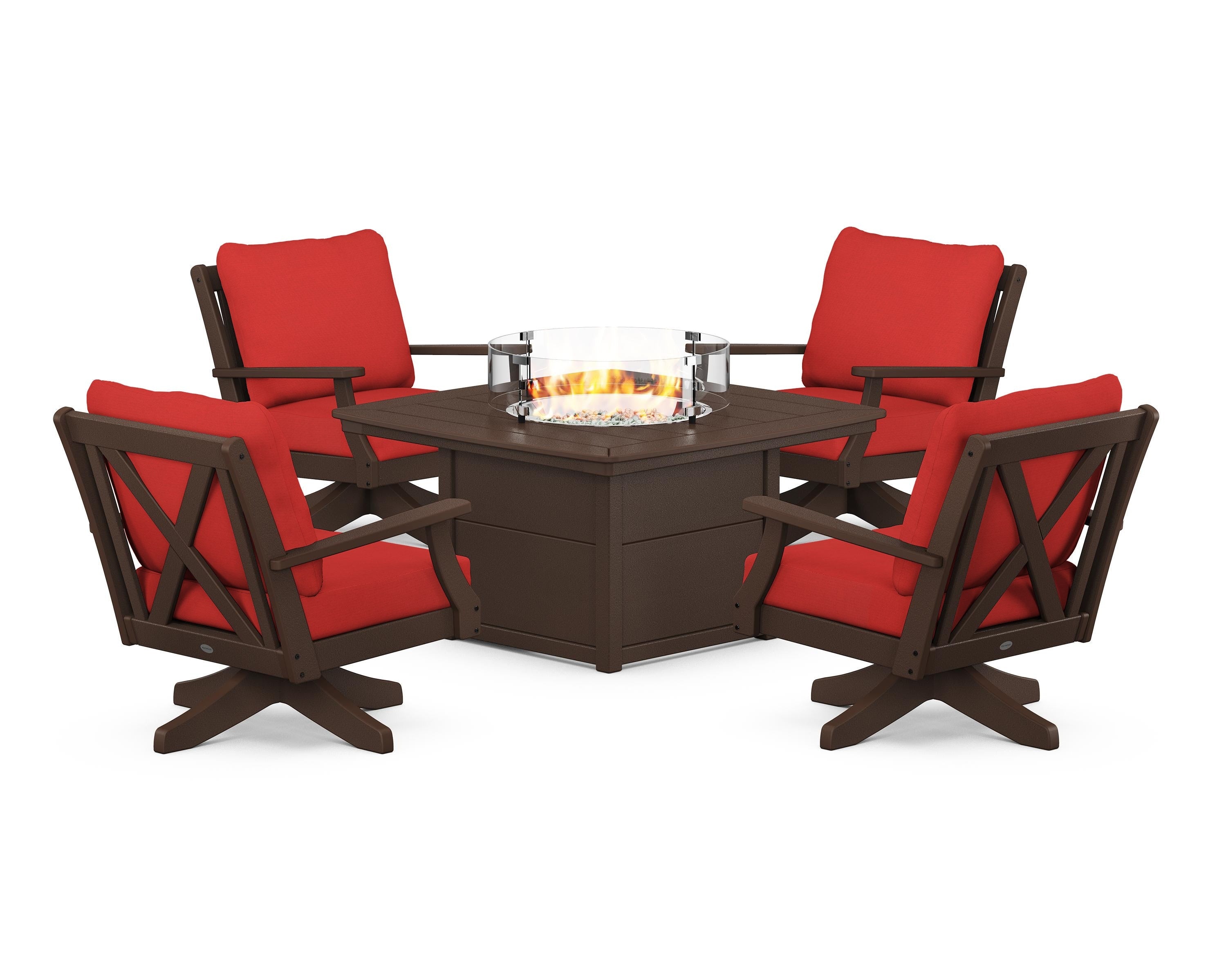POLYWOOD® Braxton 5-Piece Deep Seating Swivel Conversation Set with Fire Pit Table in Mahogany / Crimson Linen